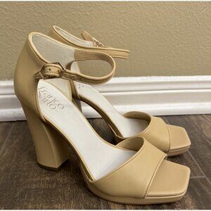 Franco Sarto Dima Size 8.5M Beige‎ Open Toe Pump Sandal Chunky Heels Y2K